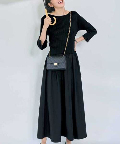 IEDIT（イディット）の「ＩＥＤＩＴ　シャリ感ニットと撥水（はっすい）スカートドッキングワンピース（ワンピース・レディース・ブラック/グレー・3L/LL/L/M/MP/S/4L）」の2枚目の写真