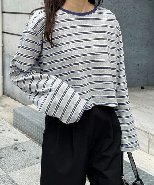 LE MORE（リモア）の「クロップドボーダーロンT（Tシャツ/カットソー・レディース・グレー/グリーン・FREE）」の7枚目の写真