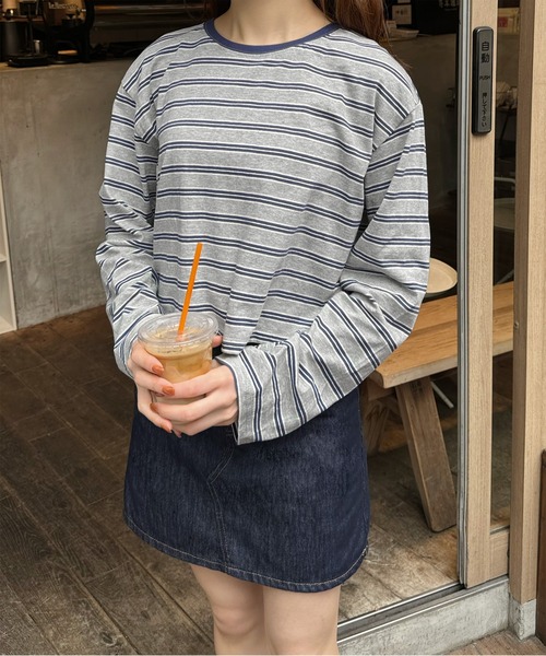 LE MORE（リモア）の「クロップドボーダーロンT（Tシャツ/カットソー・レディース・グレー/グリーン・FREE）」の8枚目の写真