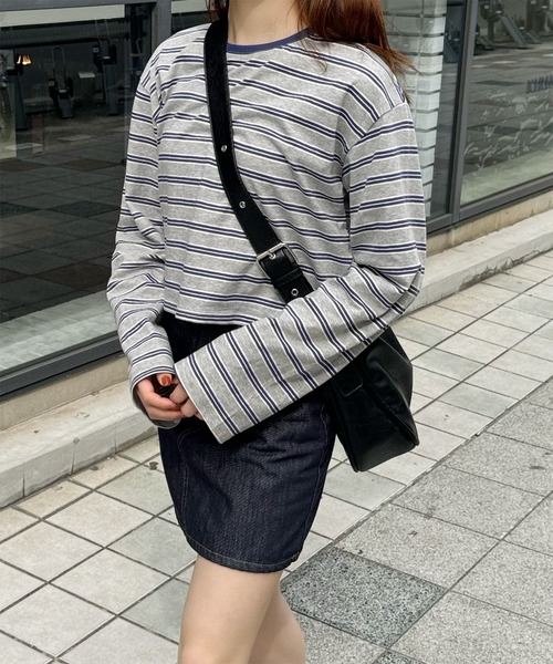 LE MORE（リモア）の「クロップドボーダーロンT（Tシャツ/カットソー・レディース・グレー/グリーン・FREE）」の10枚目の写真