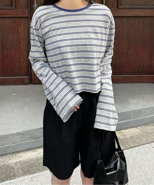 LE MORE（リモア）の「クロップドボーダーロンT（Tシャツ/カットソー・レディース・グレー/グリーン・FREE）」の13枚目の写真