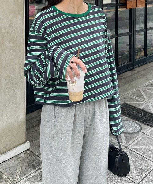 LE MORE（リモア）の「クロップドボーダーロンT（Tシャツ/カットソー・レディース・グレー/グリーン・FREE）」の16枚目の写真