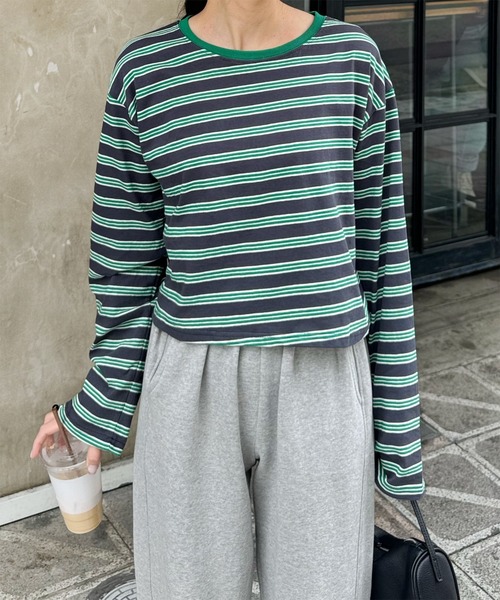 LE MORE（リモア）の「クロップドボーダーロンT（Tシャツ/カットソー・レディース・グレー/グリーン・FREE）」の17枚目の写真