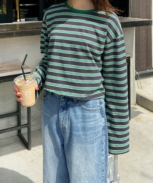 LE MORE（リモア）の「クロップドボーダーロンT（Tシャツ/カットソー・レディース・グレー/グリーン・FREE）」の19枚目の写真