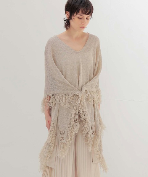 DRESSLAVE（ドレスレイブ）の「paper yarn fringe poncho(ペーパーヤーンフリンジポンチョ)（カーディガン/ボレロ・レディース・ベージュ/ブラック・38）」の2枚目の写真