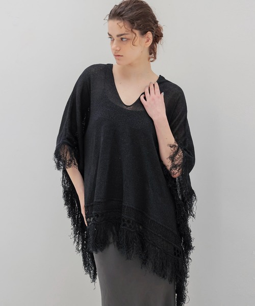 DRESSLAVE（ドレスレイブ）の「paper yarn fringe poncho(ペーパーヤーンフリンジポンチョ)（カーディガン/ボレロ・レディース・ベージュ/ブラック・38）」の9枚目の写真