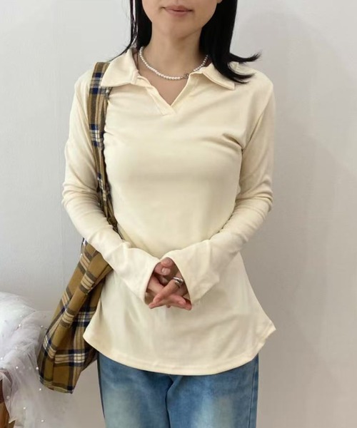mebole(メボレ)の「ポロカラースリムトップス(Tシャツ/カットソー・レディース・グレー/ブラック/アイボリー・FREE)」の4枚目の写真