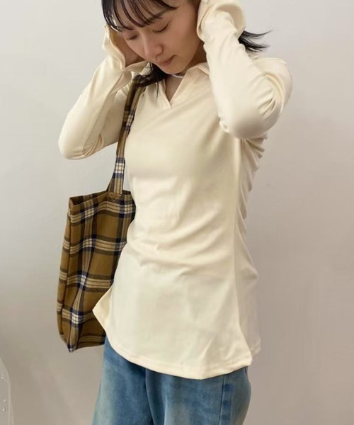 mebole(メボレ)の「ポロカラースリムトップス(Tシャツ/カットソー・レディース・グレー/ブラック/アイボリー・FREE)」の11枚目の写真