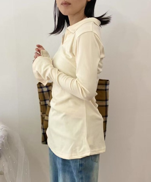 mebole(メボレ)の「ポロカラースリムトップス(Tシャツ/カットソー・レディース・グレー/ブラック/アイボリー・FREE)」の12枚目の写真