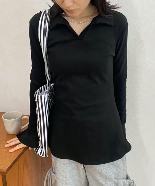 mebole(メボレ)の「ポロカラースリムトップス(Tシャツ/カットソー・レディース・グレー/ブラック/アイボリー・FREE)」の22枚目の写真