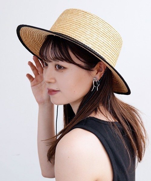 polcadot（ポルカドット）の「コード ロングブリム ストローカンカン帽（ハット・レディース・ベージュ/アイボリー/ブラック・FREE）」の3枚目の写真