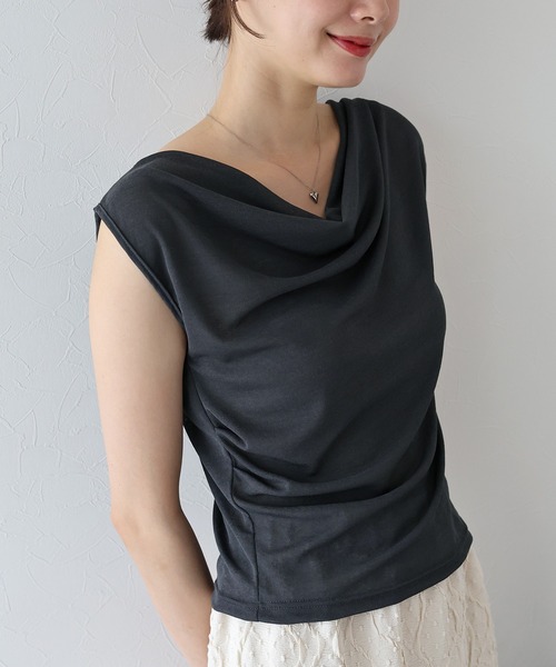 BLUEEAST(ブルーイースト)の「ドレープネックフレンチシアーTシャツ(Tシャツ/カットソー・レディース・ブラック/チャコールグレー/ホワイト・MEDIUM)」の1枚目の写真