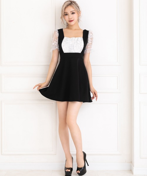 myMinette(マイミネット)の「キャバドレス ミニ フレア 半袖 サロペット風フラワーレースシースルーハイウエスト切替ドレス(ドレス・レディース・ホワイト×ブラック・LARGE/MEDIUM)」の4枚目の写真