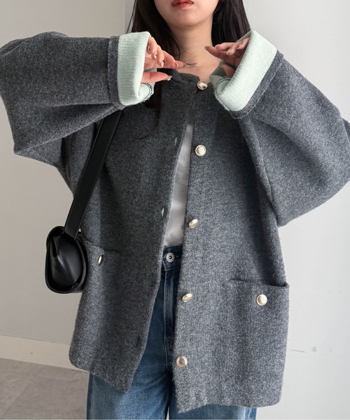 美品 TONAL アンゴラニットジャケット グレー カーディガン 金ボタン ゴールドボタンニットカーディガン(グレー) | レディース