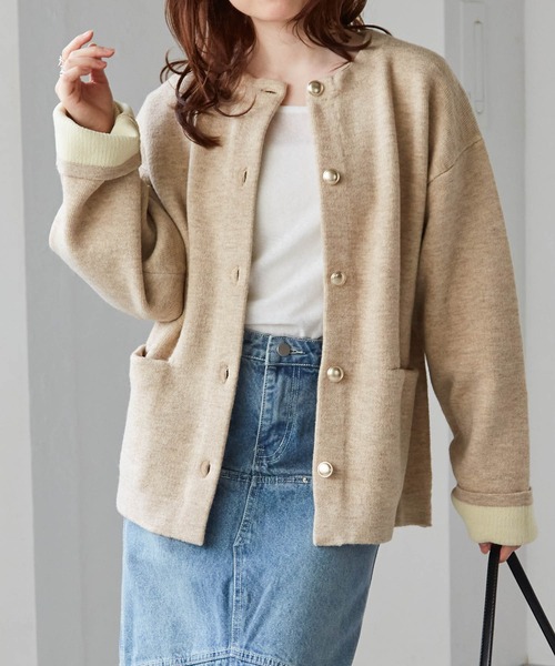 RANAN（ラナン）の「ゴールドボタン裏配色ニットジャケットカーディガン（カーディガン/ボレロ・レディース・オフホワイト/グレー/ベージュ/チャコール・M/L/LL）」の8枚目の写真