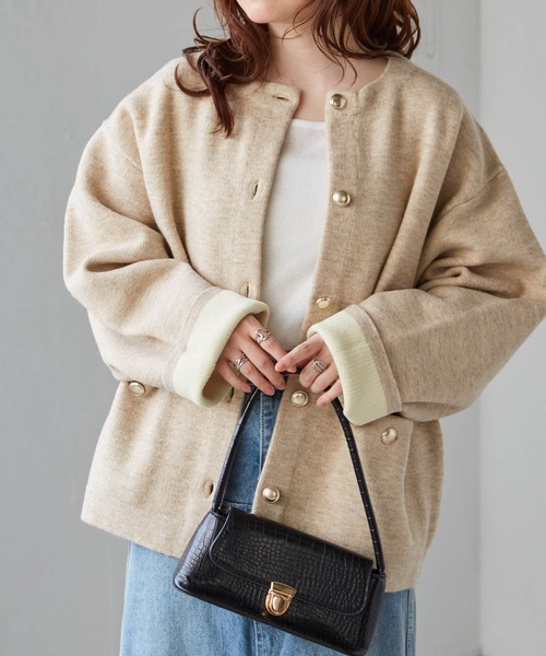 RANAN（ラナン）の「ゴールドボタン裏配色ニットジャケットカーディガン（カーディガン/ボレロ・レディース・オフホワイト/グレー/ベージュ/チャコール・M/L/LL）」の9枚目の写真