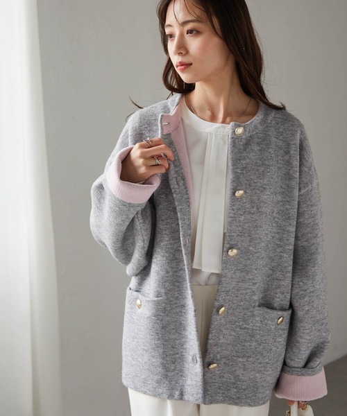 ボタン付きカーディガン グレー ベージュ GeeRA カーディガン ゴールドボタン配色カラーニットカーディガン