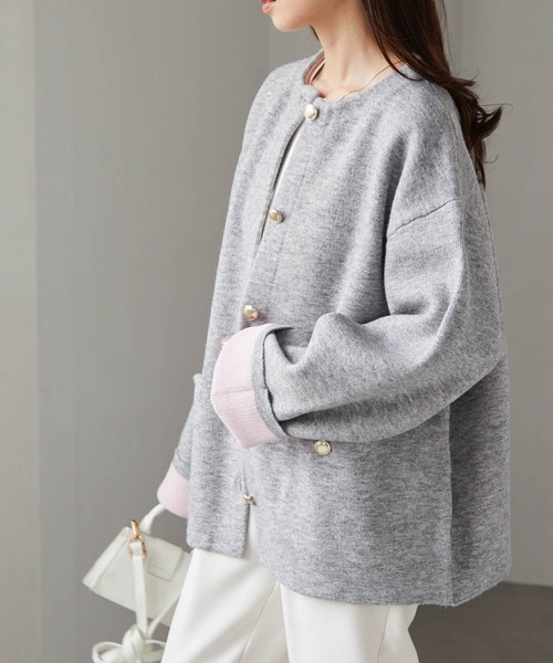 RANAN（ラナン）の「ゴールドボタン裏配色ニットジャケットカーディガン（カーディガン/ボレロ・レディース・オフホワイト/グレー/ベージュ/チャコール・M/L/LL）」の7枚目の写真