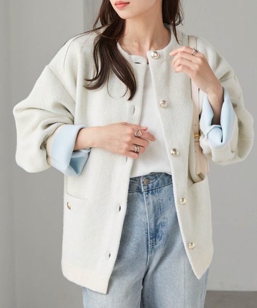 RANAN（ラナン）の「ゴールドボタン裏配色ニットジャケットカーディガン（カーディガン/ボレロ・レディース・オフホワイト/グレー/ベージュ/チャコール・M/L/LL）」の5枚目の写真