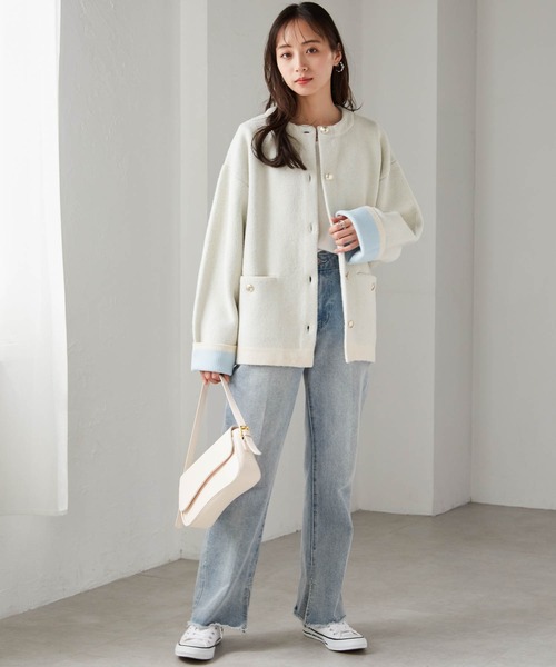 RANAN（ラナン）の「ゴールドボタン裏配色ニットジャケットカーディガン（カーディガン/ボレロ・レディース・オフホワイト/グレー/ベージュ/チャコール・M/L/LL）」の6枚目の写真