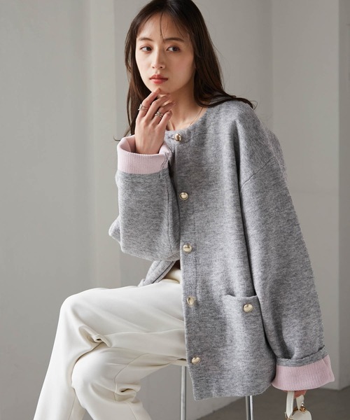 美品 TONAL アンゴラニットジャケット グレー カーディガン 金ボタン RANAN（ラナン） カーディガン ゴールドボタン裏配色ニットジャケット