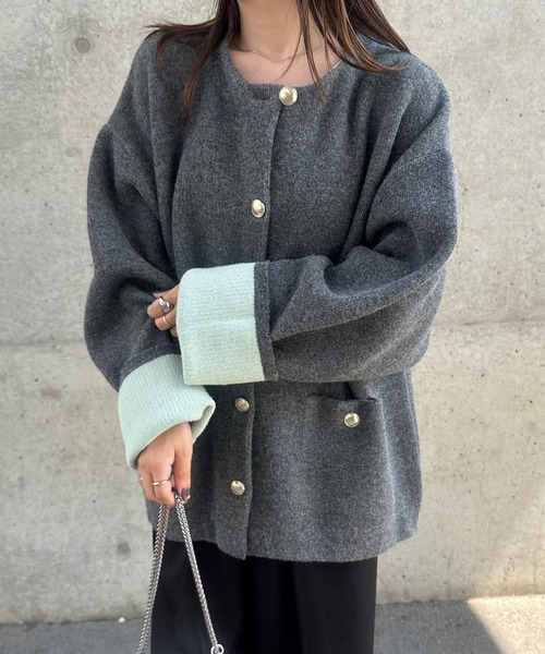 RANAN（ラナン）の「ゴールドボタン裏配色ニットジャケットカーディガン（カーディガン/ボレロ・レディース・オフホワイト/グレー/ベージュ/チャコール・M/L/LL）」の22枚目の写真