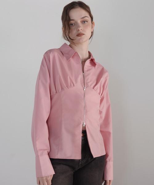 45r レース付きピンク長袖シャツ セール】ドットメッシュダブルポケットロングスリーブシャツ（シャツ