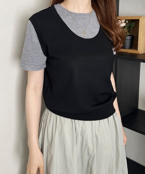 ReRe(リリ)の「ベストドッキング風サマーニット(ニット/セーター・レディース・ブラック/ネイビー/ブラウン/ホワイト×ブラック/ホワイト×ブラウン・FREE)」の8枚目の写真