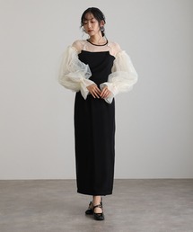 ミモレ丈&袖あり フォーマル フラワービスチェ異素材ミックスドレープ チュール スリーブセレモニー 結婚式 二次会 パーティー ドレス オケージョンドレス お呼ばれ 同窓会 成人式