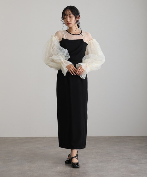 atlo(アトロ)の「ミモレ丈&袖あり フォーマル フラワービスチェ異素材ミックスドレープ チュール スリーブセレモニー 結婚式 二次会 パーティー ドレス オケージョンドレス お呼ばれ 同窓会 成人式 (ドレス・レディース・ブラウン系その他/ブラック/グリーン系その他/ベージュ系その他・M)」の3枚目の写真