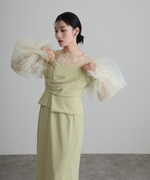 ミモレ丈&袖あり フォーマル フラワービスチェ異素材ミックスドレープ チュール スリーブセレモニー 結婚式 二次会 パーティー ドレス オケージョンドレス お呼ばれ 同窓会 成人式 