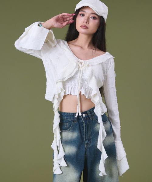 dispark(ディスパーク)の「DISPARK/ダメージフリルヘムLSカーデ(カーディガン/ボレロ・レディース・ブラック/オフホワイト・FREE)」の1枚目の写真