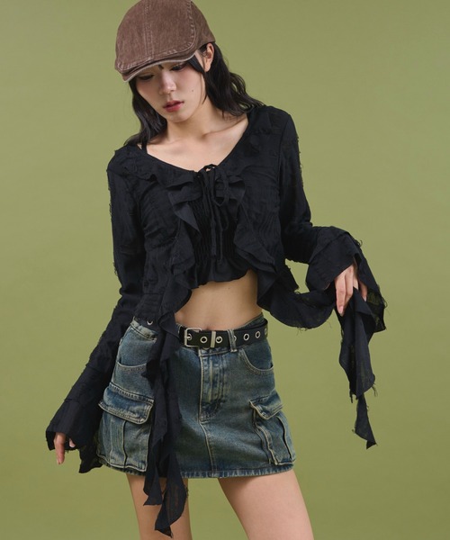 dispark(ディスパーク)の「DISPARK/ダメージフリルヘムLSカーデ(カーディガン/ボレロ・レディース・ブラック/オフホワイト・FREE)」の2枚目の写真