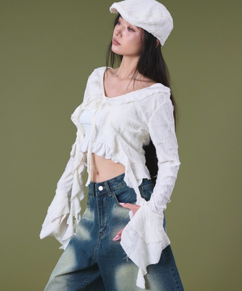 dispark(ディスパーク)の「DISPARK/ダメージフリルヘムLSカーデ(カーディガン/ボレロ・レディース・ブラック/オフホワイト・FREE)」の4枚目の写真