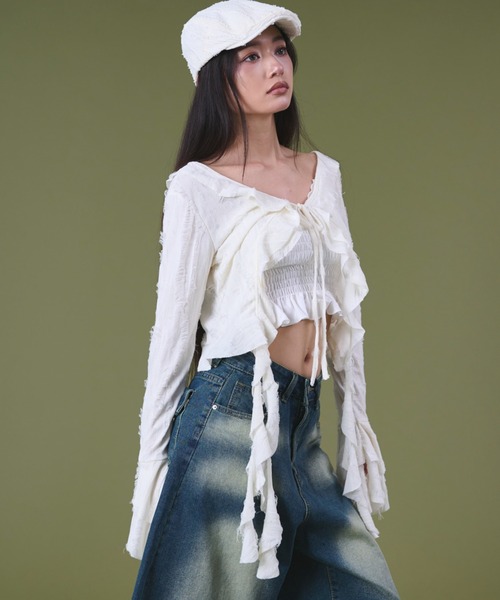 dispark(ディスパーク)の「DISPARK/ダメージフリルヘムLSカーデ(カーディガン/ボレロ・レディース・ブラック/オフホワイト・FREE)」の5枚目の写真