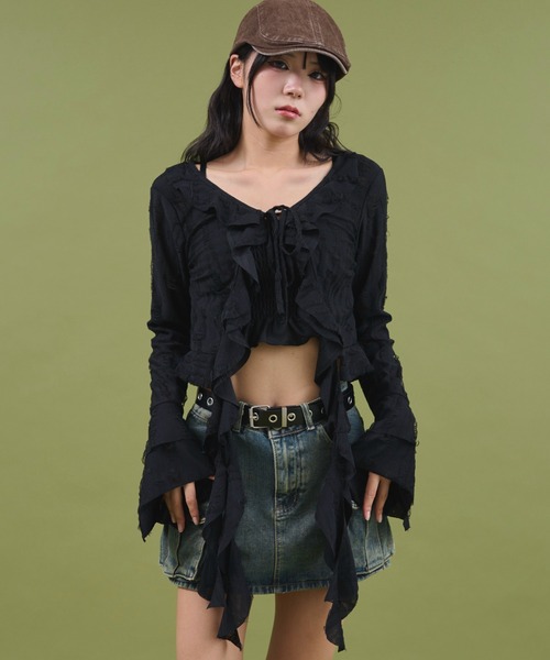 dispark(ディスパーク)の「DISPARK/ダメージフリルヘムLSカーデ(カーディガン/ボレロ・レディース・ブラック/オフホワイト・FREE)」の14枚目の写真