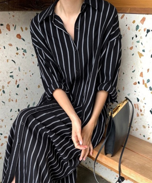セール】ストライプ柄ロングシャツワンピース（シャツワンピース