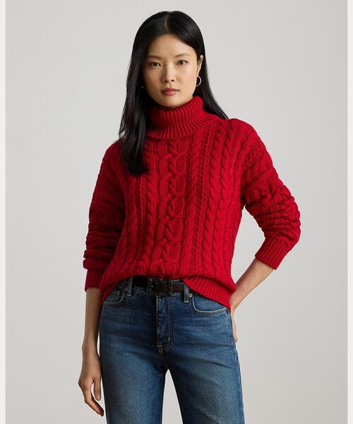 POLO RALPH LAUREN セーター ケーブルニット レッド新品タグ付き セール】ケーブルニット タートルネック セーター（ニット/セーター