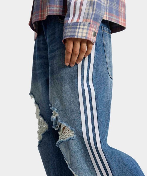 新品24⭐️adidasルーズデニム ディストレスト パンツ ダメージ加工 ブルー 新品24⭐️adidasルーズデニム ディストレスト パンツ ダメージ加工 ブルー