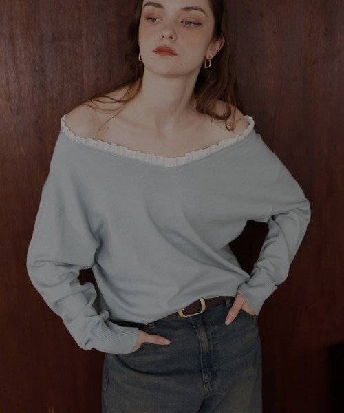 オフショルフリルバイカラーニット（Tシャツ/カットソー）｜Mili