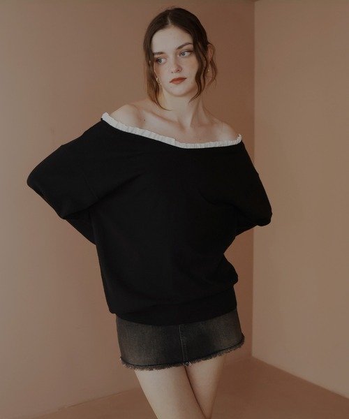 Mili affinity（ミリアフィニティー）の「オフショルフリルバイカラーニット（Tシャツ/カットソー・レディース・杢グレー/ブルー/アイボリー/ブラック・FREE）」の9枚目の写真