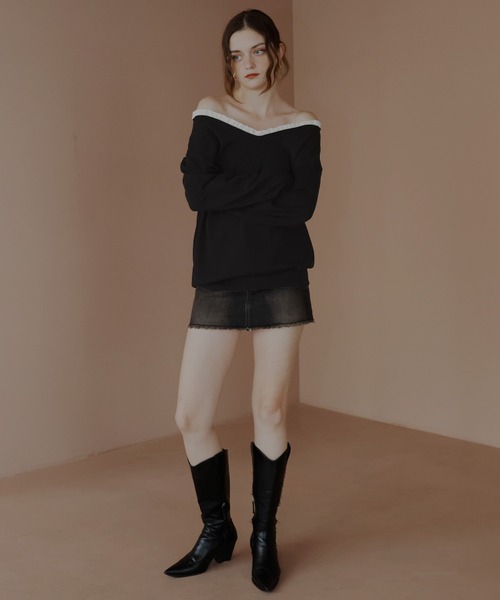 Mili affinity（ミリアフィニティー）の「オフショルフリルバイカラーニット（Tシャツ/カットソー・レディース・杢グレー/ブルー/アイボリー/ブラック・FREE）」の10枚目の写真