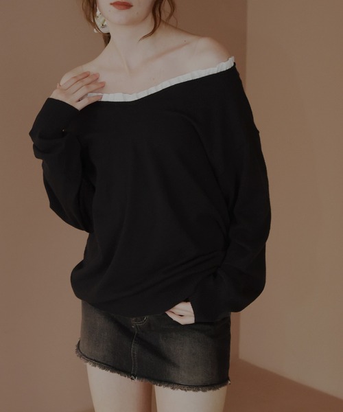 Mili affinity（ミリアフィニティー）の「オフショルフリルバイカラーニット（Tシャツ/カットソー・レディース・杢グレー/ブルー/アイボリー/ブラック・FREE）」の11枚目の写真