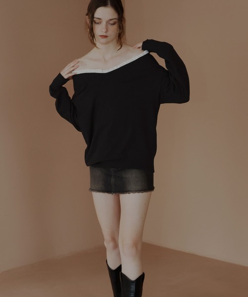 Mili affinity（ミリアフィニティー）の「オフショルフリルバイカラーニット（Tシャツ/カットソー・レディース・杢グレー/ブルー/アイボリー/ブラック・FREE）」の14枚目の写真