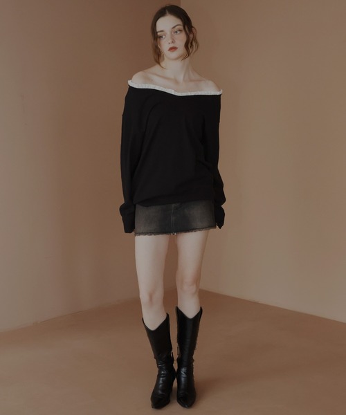 Mili affinity（ミリアフィニティー）の「オフショルフリルバイカラーニット（Tシャツ/カットソー・レディース・杢グレー/ブルー/アイボリー/ブラック・FREE）」の16枚目の写真