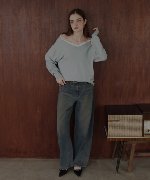 Mili affinity（ミリアフィニティー）の「オフショルフリルバイカラーニット（Tシャツ/カットソー・レディース・杢グレー/ブルー/アイボリー/ブラック・FREE）」の18枚目の写真