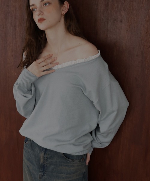 Mili affinity（ミリアフィニティー）の「オフショルフリルバイカラーニット（Tシャツ/カットソー・レディース・杢グレー/ブルー/アイボリー/ブラック・FREE）」の20枚目の写真