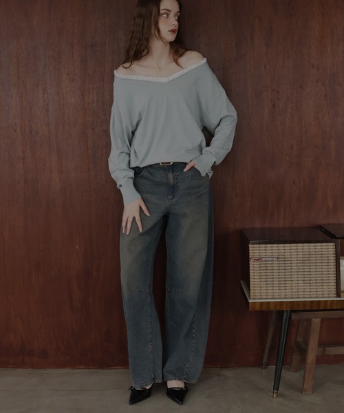 Mili affinity（ミリアフィニティー）の「オフショルフリルバイカラーニット（Tシャツ/カットソー・レディース・杢グレー/ブルー/アイボリー/ブラック・FREE）」の21枚目の写真