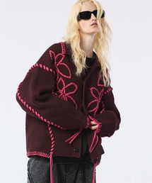 MAISON SPECIAL(メゾンスペシャル)の《UNISEX》Oni-Waffle Flower Embroidery Prime-Over Collared Cardigan/鬼ワッフルフラワーエンブロイダリープライムオーバー衿付きカーディガン【MAISON SPECIAL/メゾンスペシャル】(カーディガン/ボレロ)