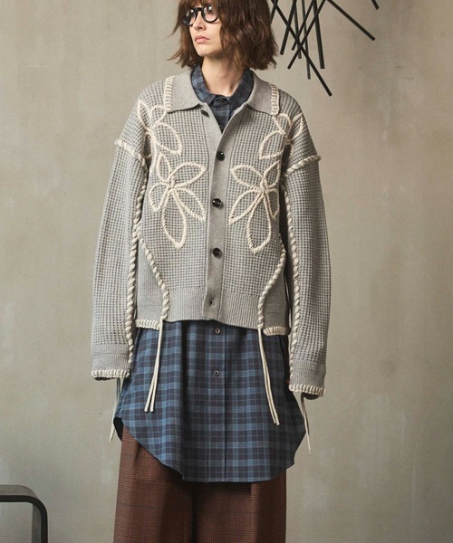 UNISEX》Oni-Waffle Flower Embroidery Prime-Over Collared